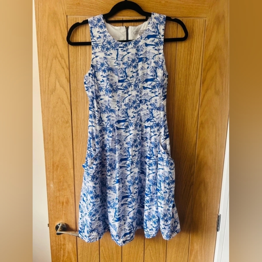 Sleeveless Blue & White Floral Fit-and-Flare Dress